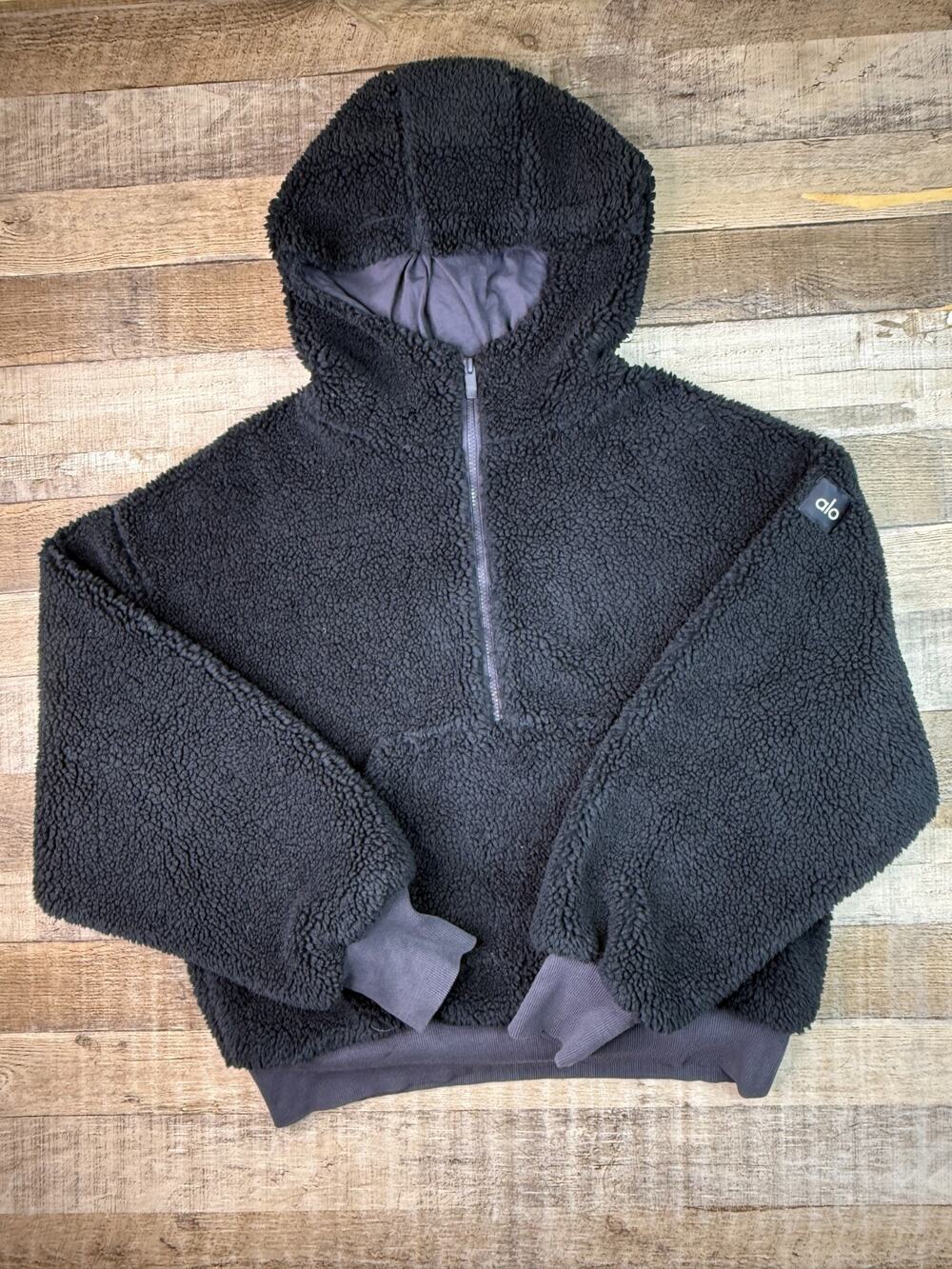 ALO Streetside 1/2 Zip Hooded Sherpa Sweater Jacket Womens L Teddy Fleece Blue